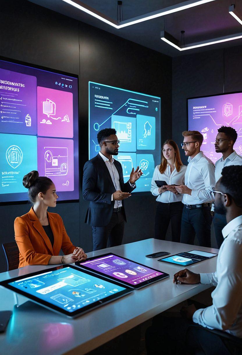 A team of diverse digital innovators brainstorming at a sleek, modern office with holographic screens displaying digital concepts. Central figure presenting a finalized, futuristic website on a large screen. A timeline with arrows pointing from 'Concept' to 'Launch' in the background. High-tech gadgets and gadgets like tablets and VR headsets scattered around. Painting. vibrant colors.