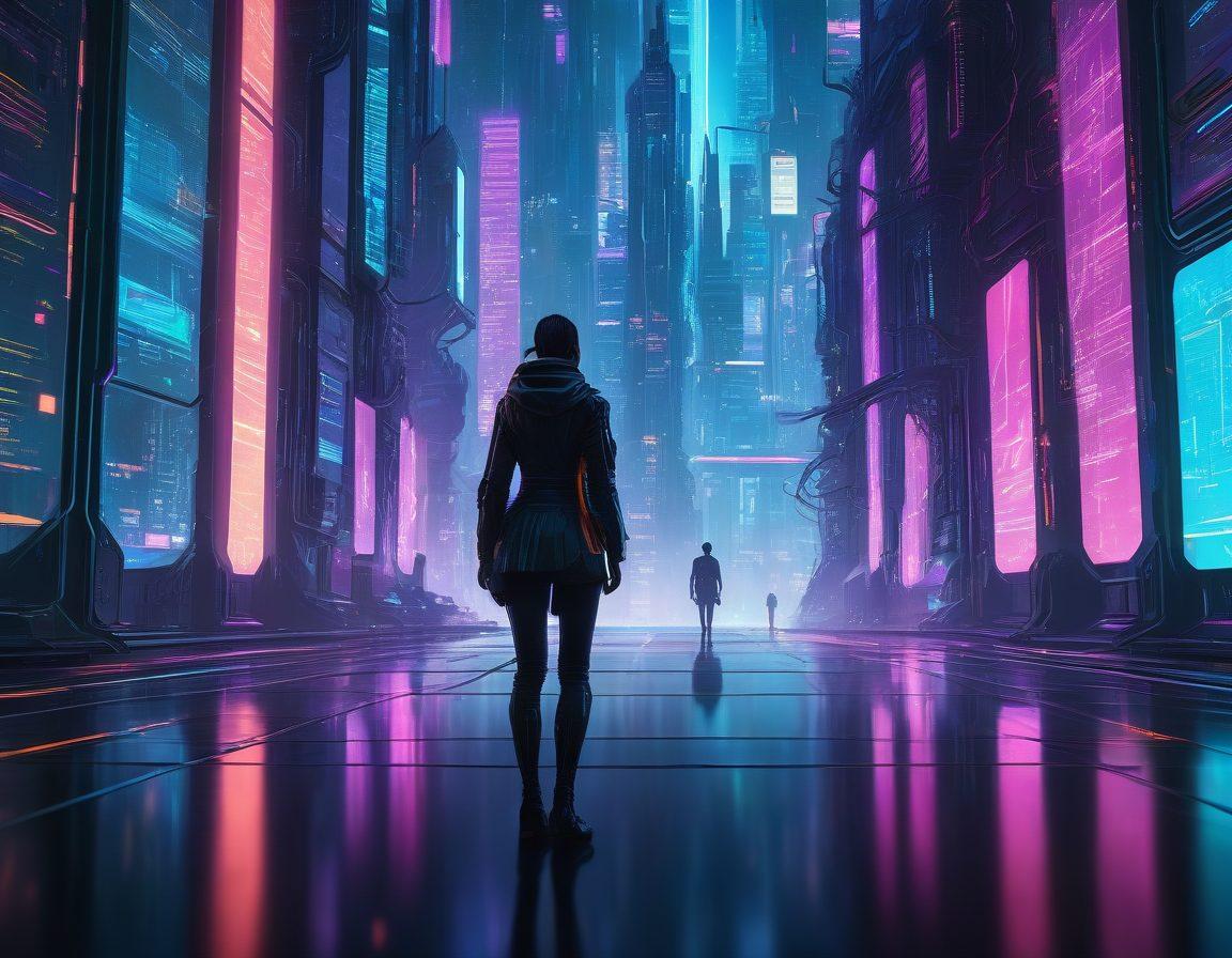A futuristic, sleek digital cityscape with towering servers, glowing data streams, and interconnected web elements. A figure in the foreground confidently navigating holographic displays filled with intricate IT and web solution diagrams. The city reflects vibrant technology colors, with an air of mastery and innovation. cyberpunk. vibrant colors. super-realistic.