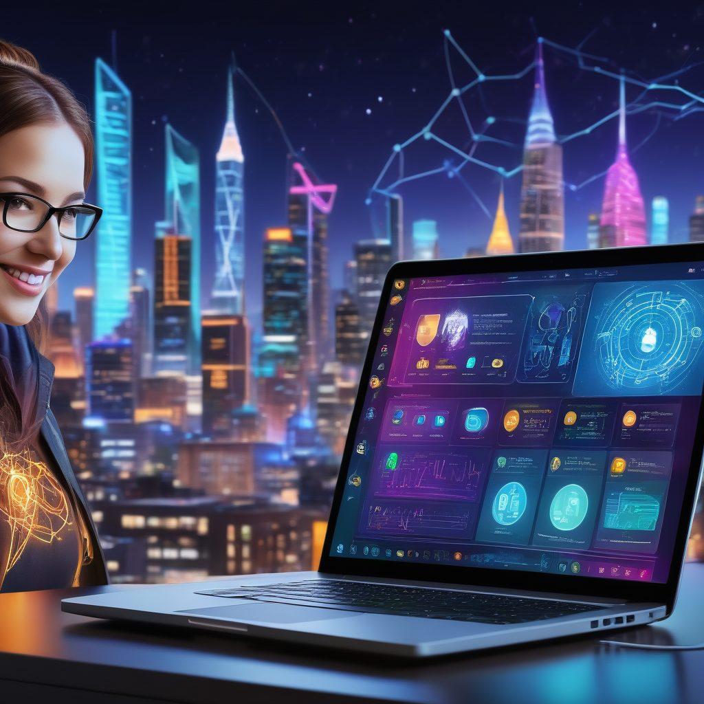 An intricately designed web interface glowing on a laptop screen, highlighted by vibrant graphics showing analytics, coding symbols, and interconnected devices. A friendly, smiling avatar of MercyMe providing digital services with a futuristic cityscape background. Super-realistic, vibrant colors, futuristic vibes.
